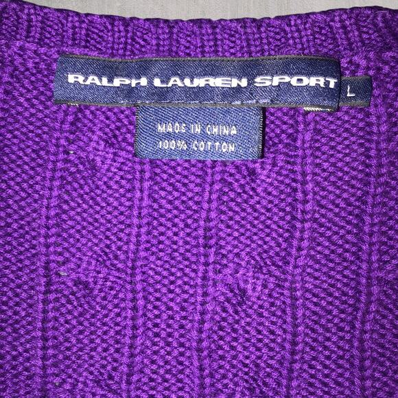 Ralph Lauren Sport Purple Cable Knit V-Neck Sweater Women’s Large Green Pony - Picture 3 of 7